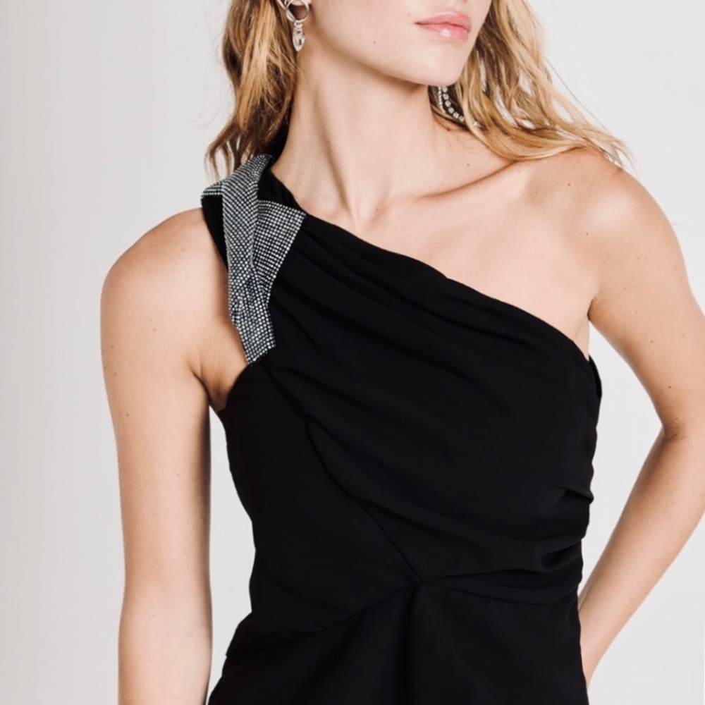 IRO Black Crystal Embellished Tacoma One-Shoulder Top NWT US6 / 36
